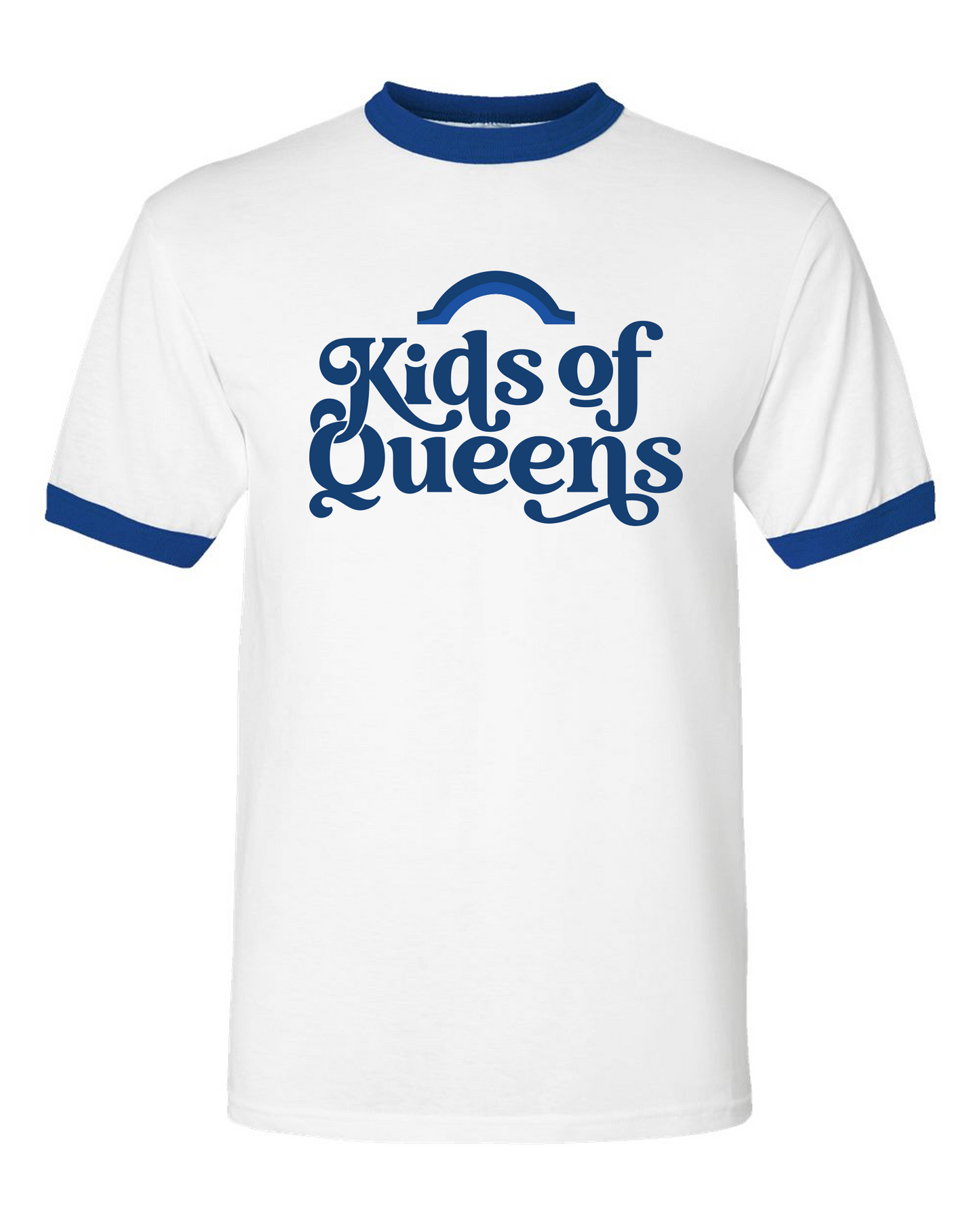 Adult Unisex White Ringer T-Shirt with Navy Logo