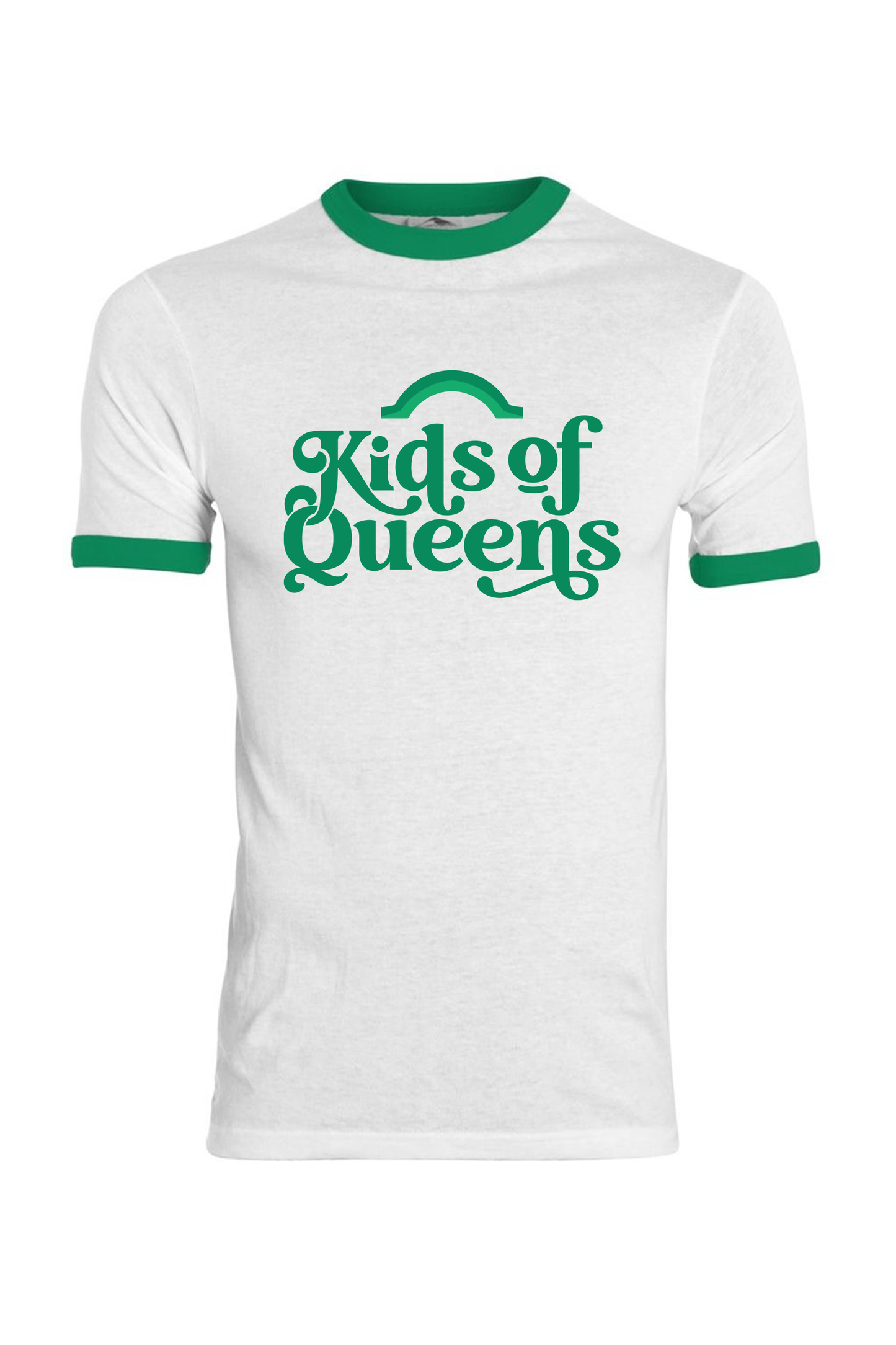 Adult Unisex White Ringer T-Shirt with Green Logo