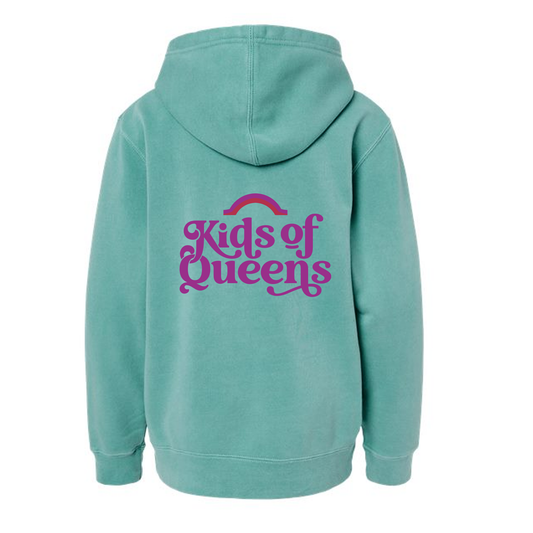 Youth Pigment Mint Hoodie with Purple Logo